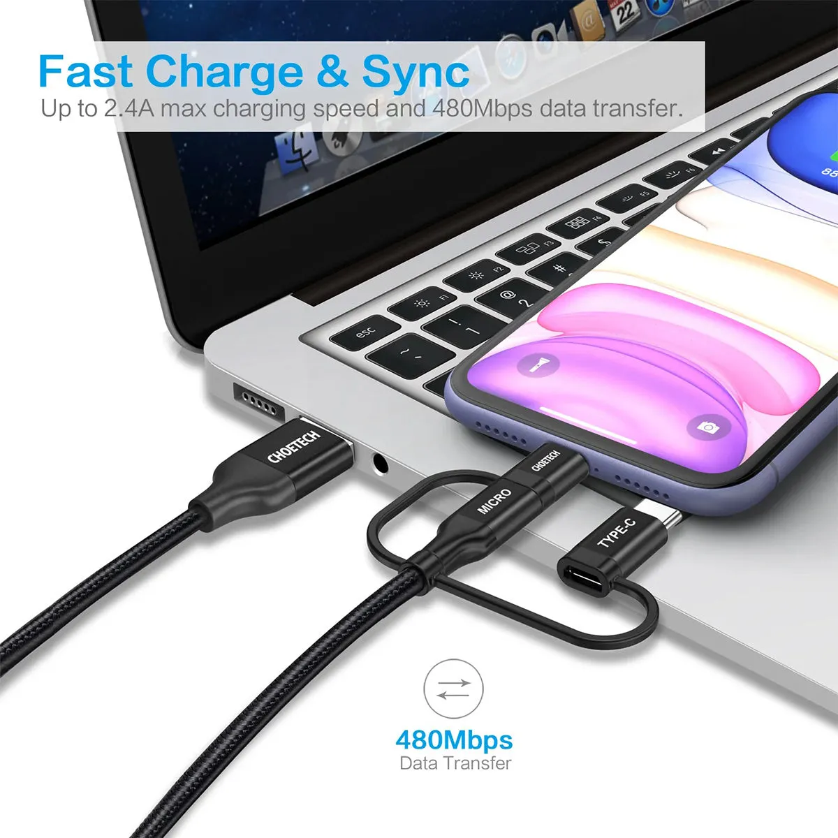 Choetech 3-in-1 USB-A to Type-C/Micro/Lightning Nylon Cable IP0030 (1.2m)