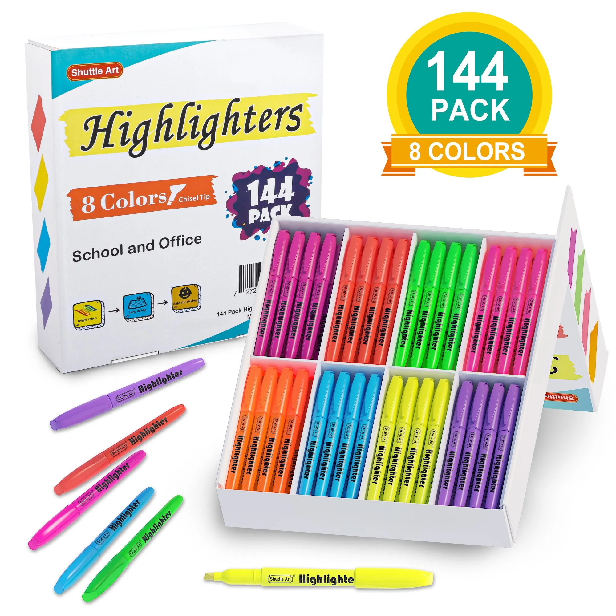 Highlighter Markers, 8 Bright Colors - Set of 144