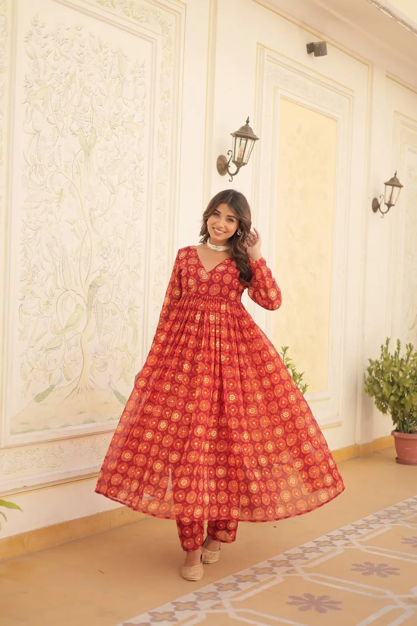 Red Faux Georgette Foil Print Readymade Top with Pant Set