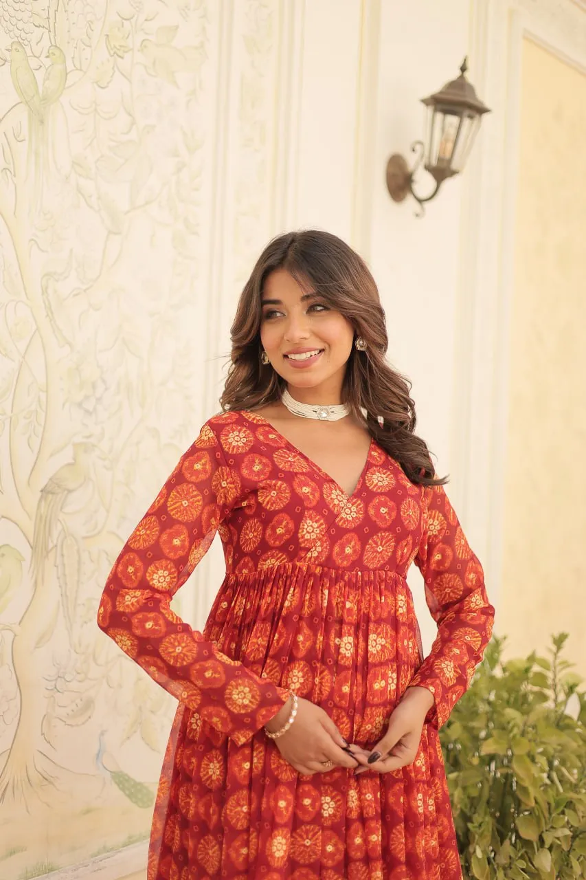 Red Faux Georgette Foil Print Readymade Top with Pant Set