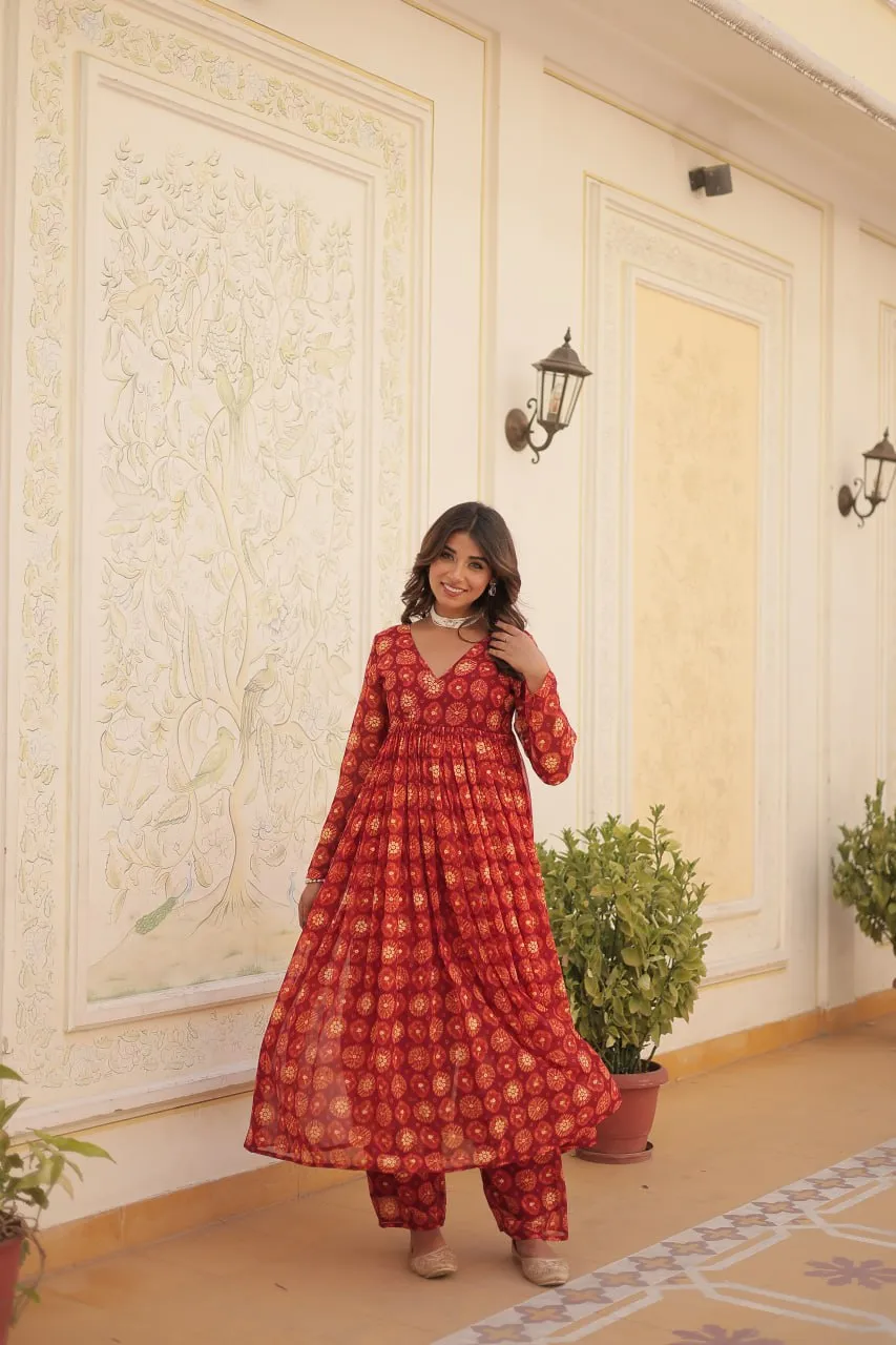 Red Faux Georgette Foil Print Readymade Top with Pant Set