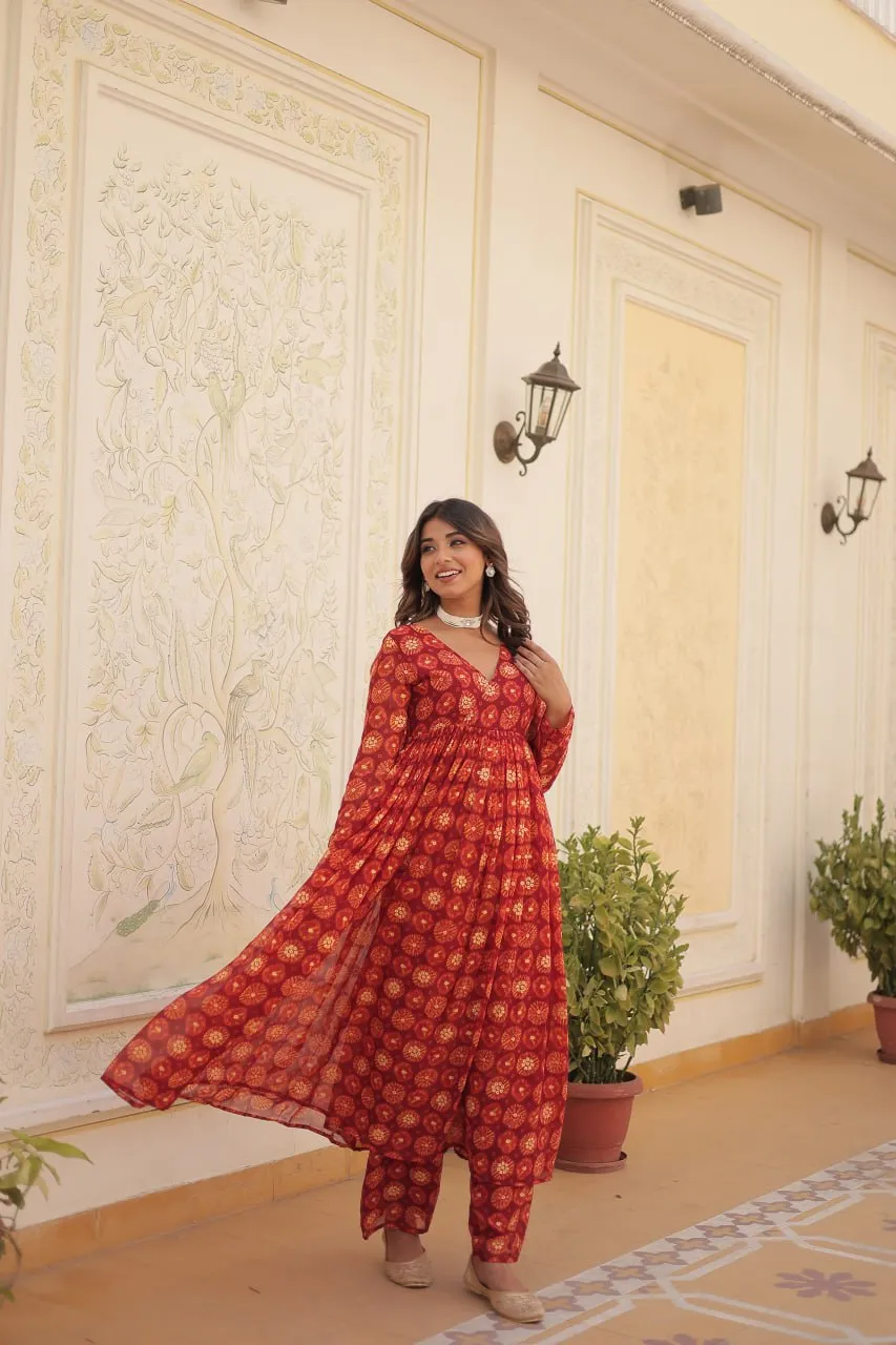 Red Faux Georgette Foil Print Readymade Top with Pant Set