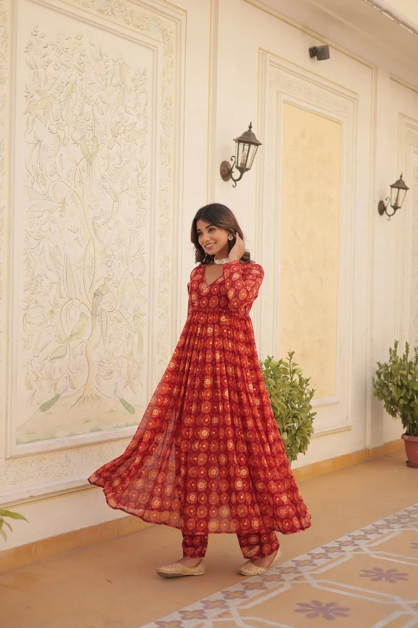 Red Faux Georgette Foil Print Readymade Top with Pant Set