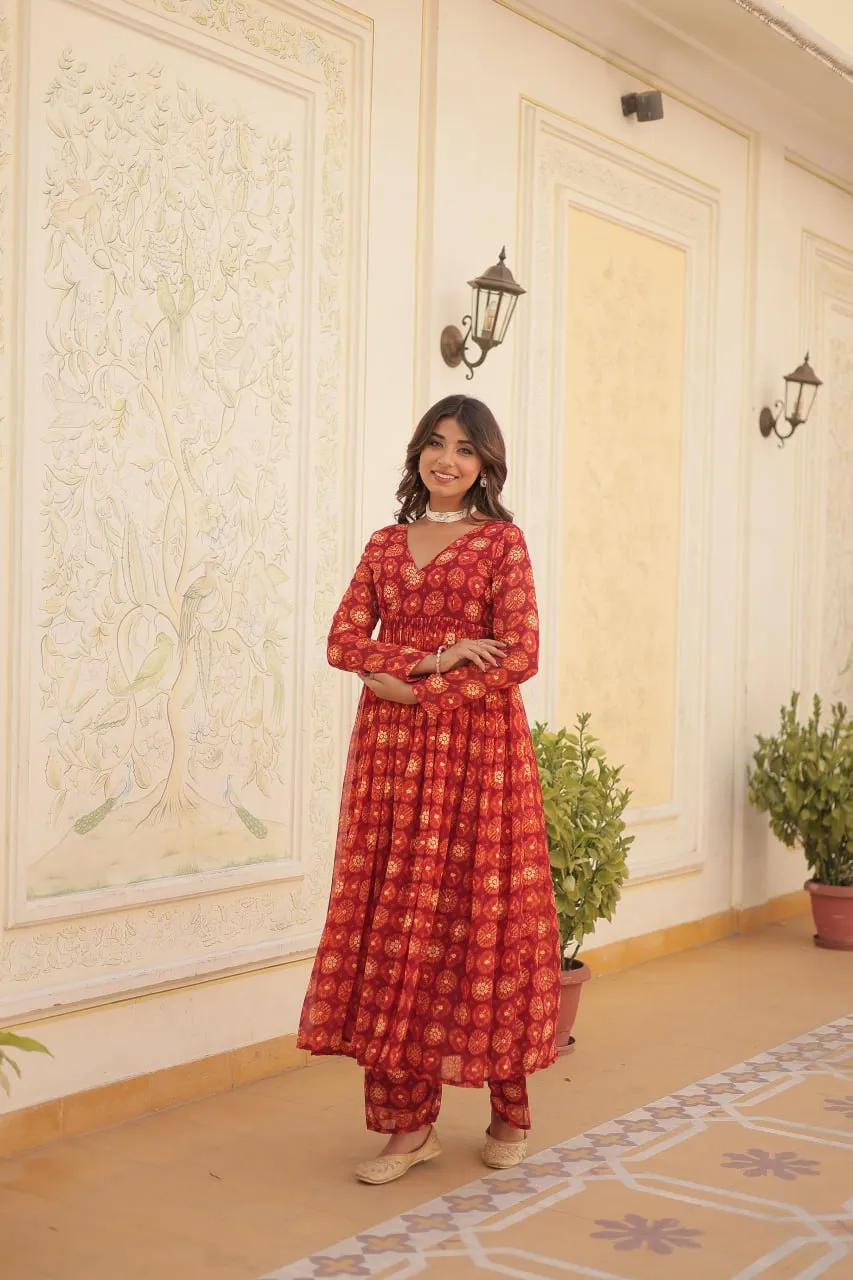 Red Faux Georgette Foil Print Readymade Top with Pant Set
