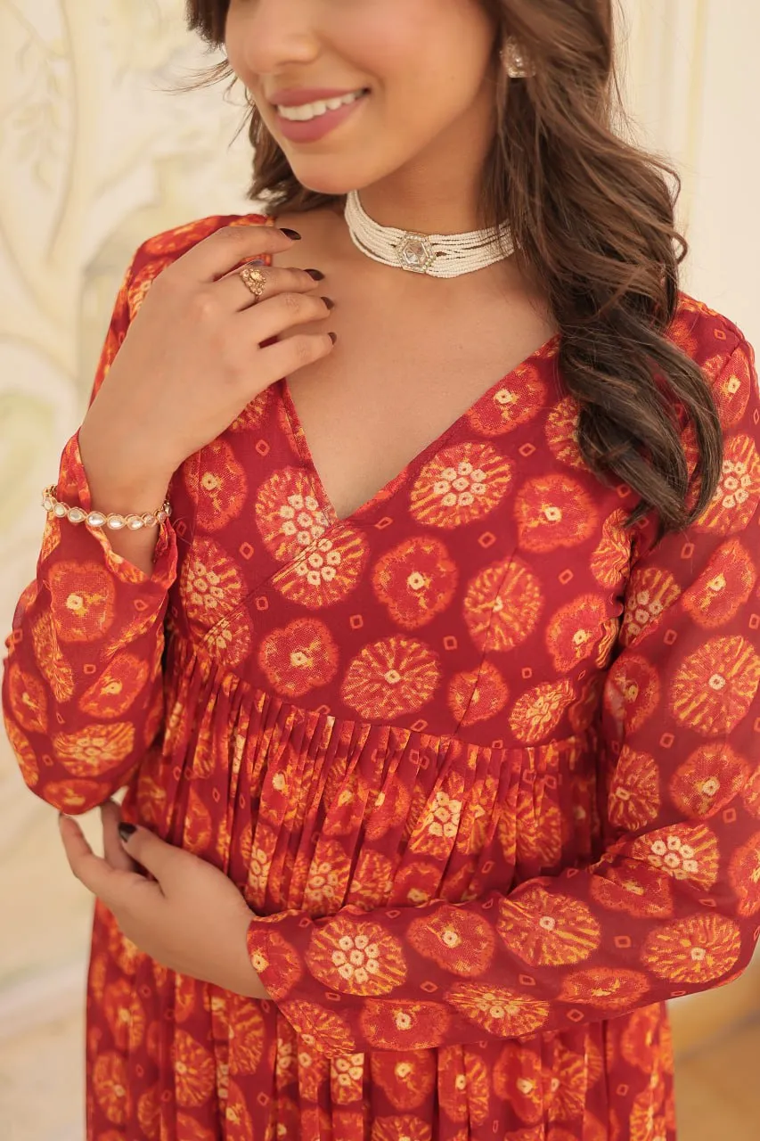 Red Faux Georgette Foil Print Readymade Top with Pant Set
