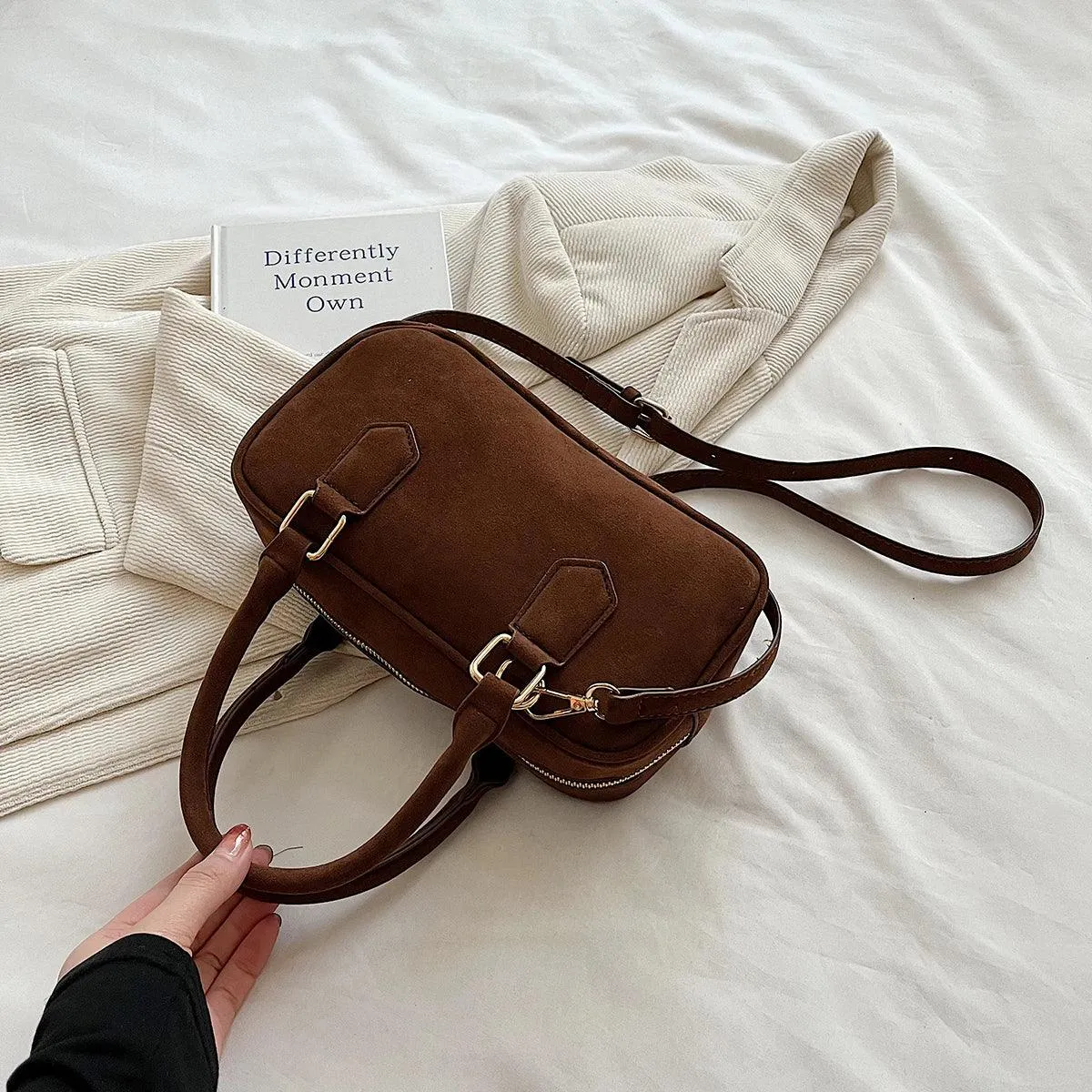 Small Nubuck Leather Tote Handbags Zipper Belt Chain Accessories Women Handbags